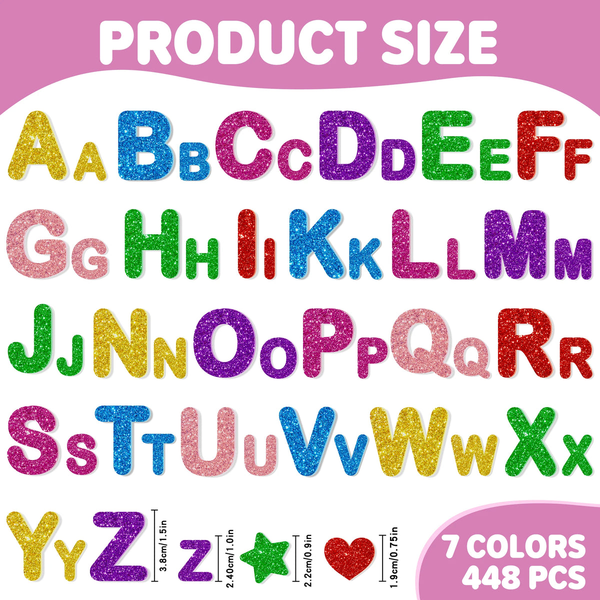 sticker mousse pailletée multicolore alphabet coeur étoile décoration brillante adhésif scolaire festif loisirs créatifs