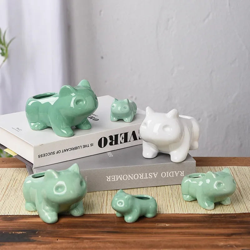 Poterie céramique porcelaine glacée moderne animalier forme grenouille succulente verte pastelintérieurDecorationBureauCadeauExceptionnel