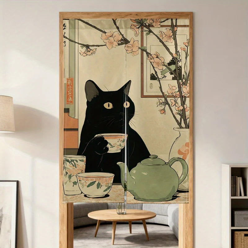 rideau porte chat noir dessin animé japonais fleurs roses opacité classique intérieur maison