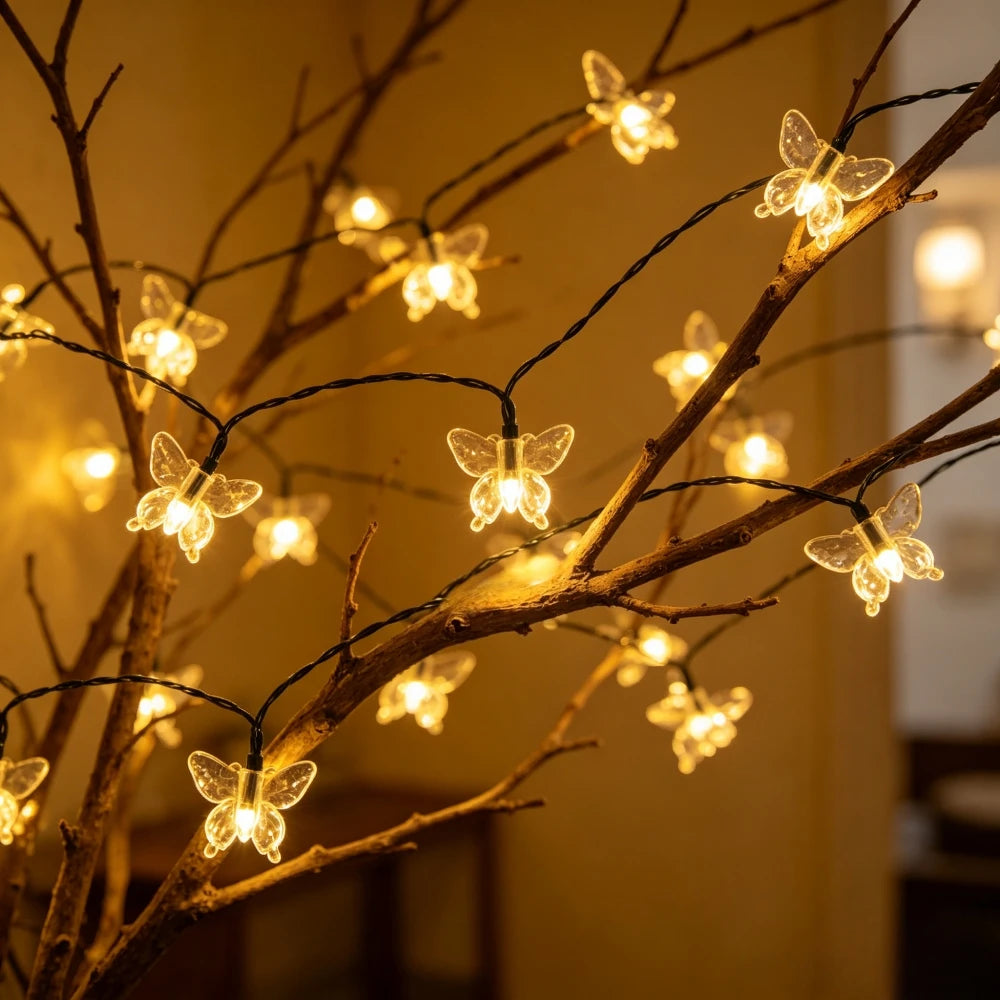 guirlande lumineuse solaire papillons transparents jaunes vertes bleues modernes modes étanches chambre salon