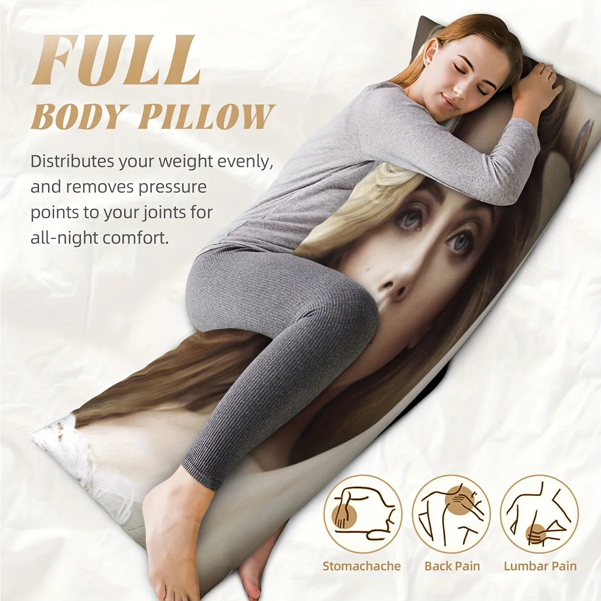 housse coussin corps entier photographie personne cheveux blondes 50x137cm polyester moderne blanc beige gris