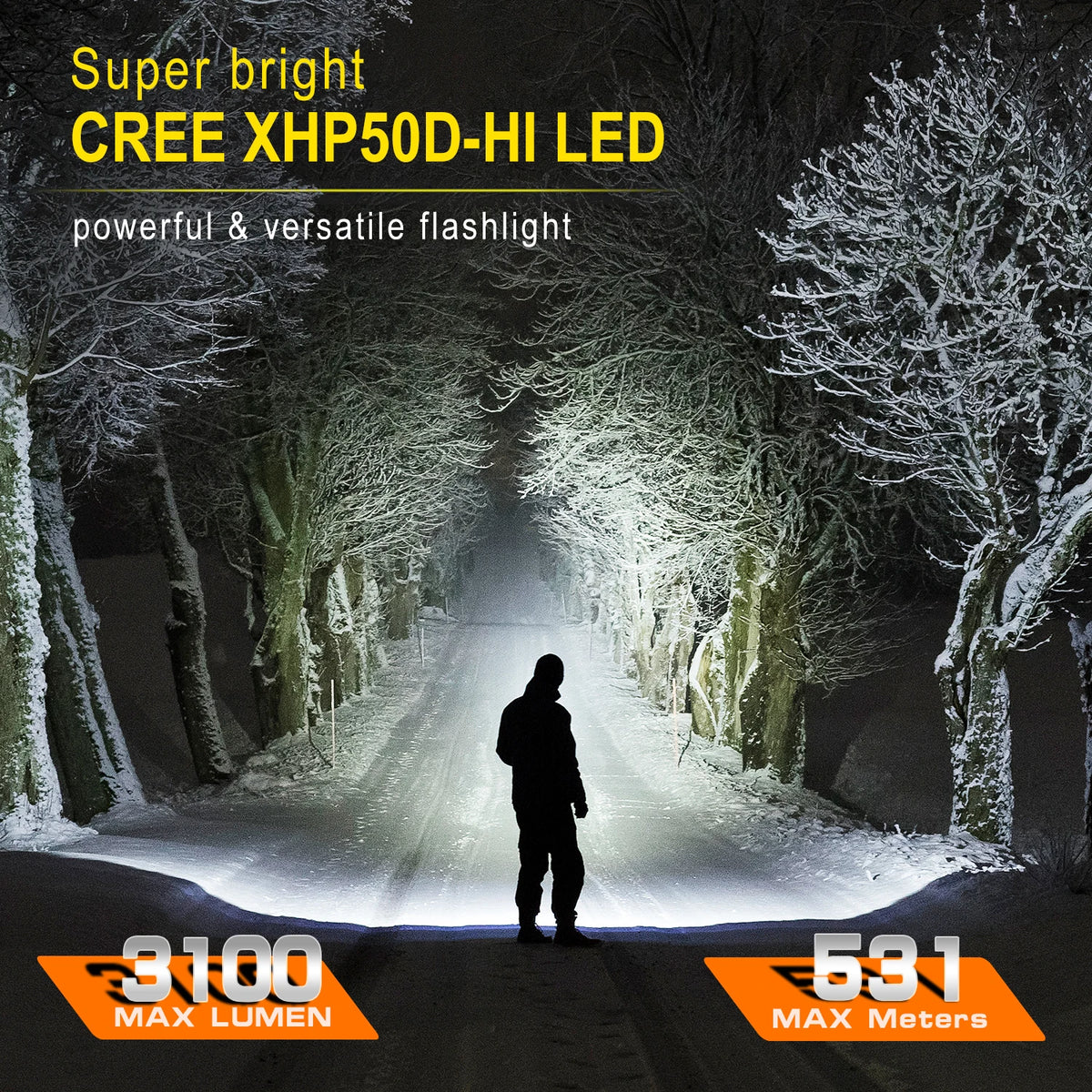 lampe torche rechargeable led noire intense 6000k 3800lm durable outdoor camping fishing