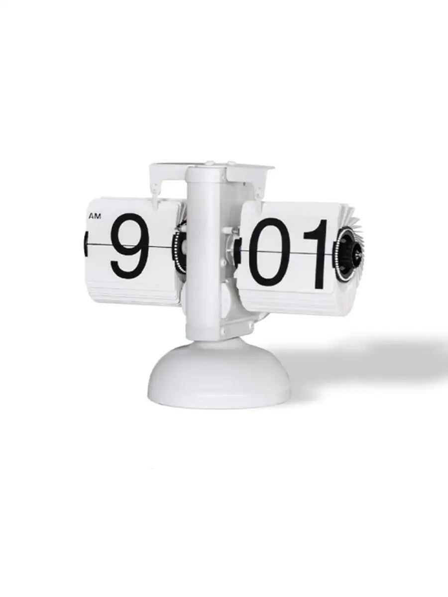 horloge numérique moderne horloge pieds boules chiffres noirs fond blanc métal brillant minimaliste affichage