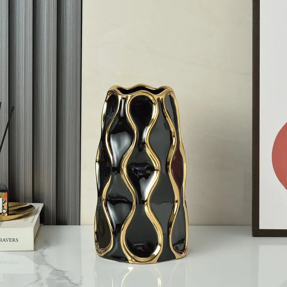 vase céramique moderne blanc or noir lignes dorées élégant décoration salon fleurs artificiellements