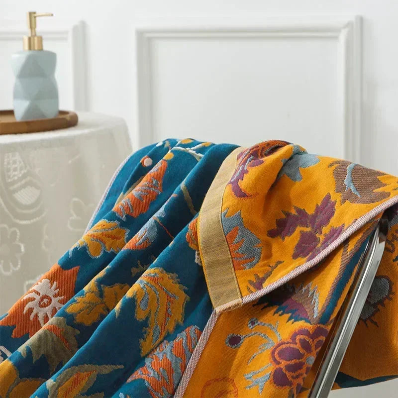 couverture bain coton fleur bleue jaune rapide absorbante machine ethnique traditionnelle
