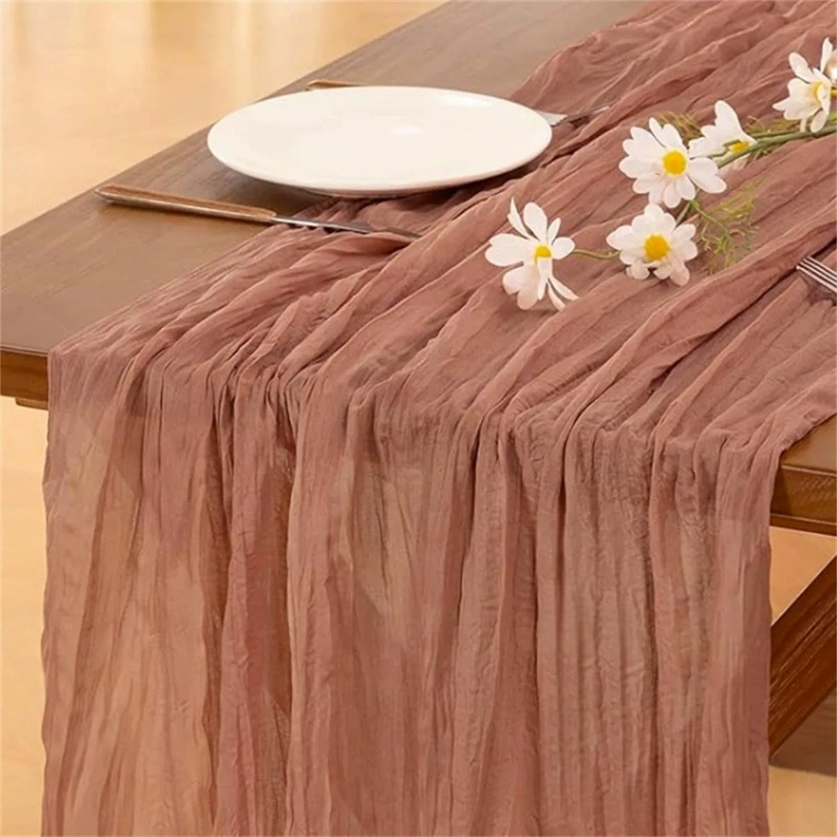 table chemin moderne élégant bleu clair jaune violet rose crêpe plissé polyester coton voile