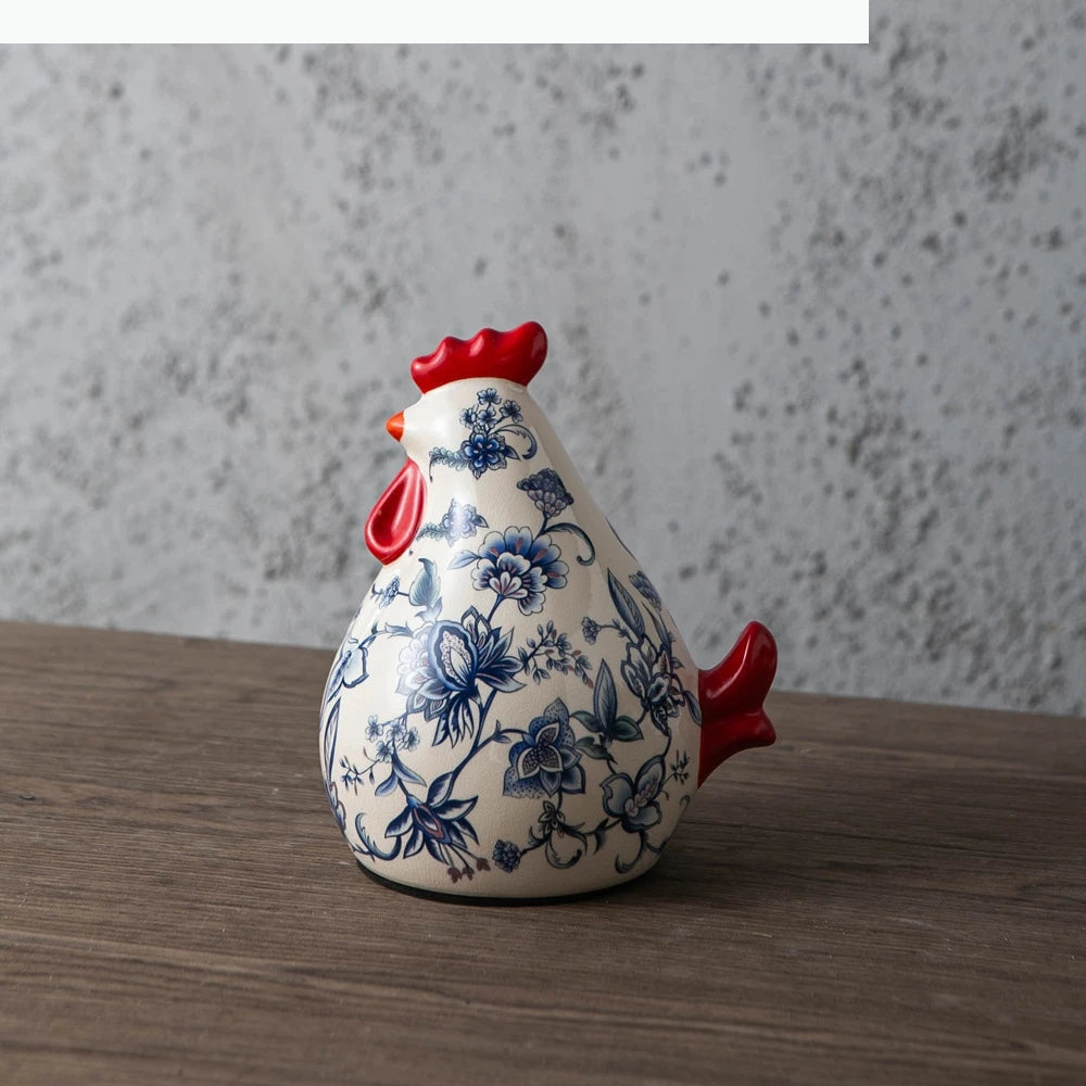 statue artisanale poulet couleur variée fleurs papillons décorative maison blanc rouge bleu verte jaune
