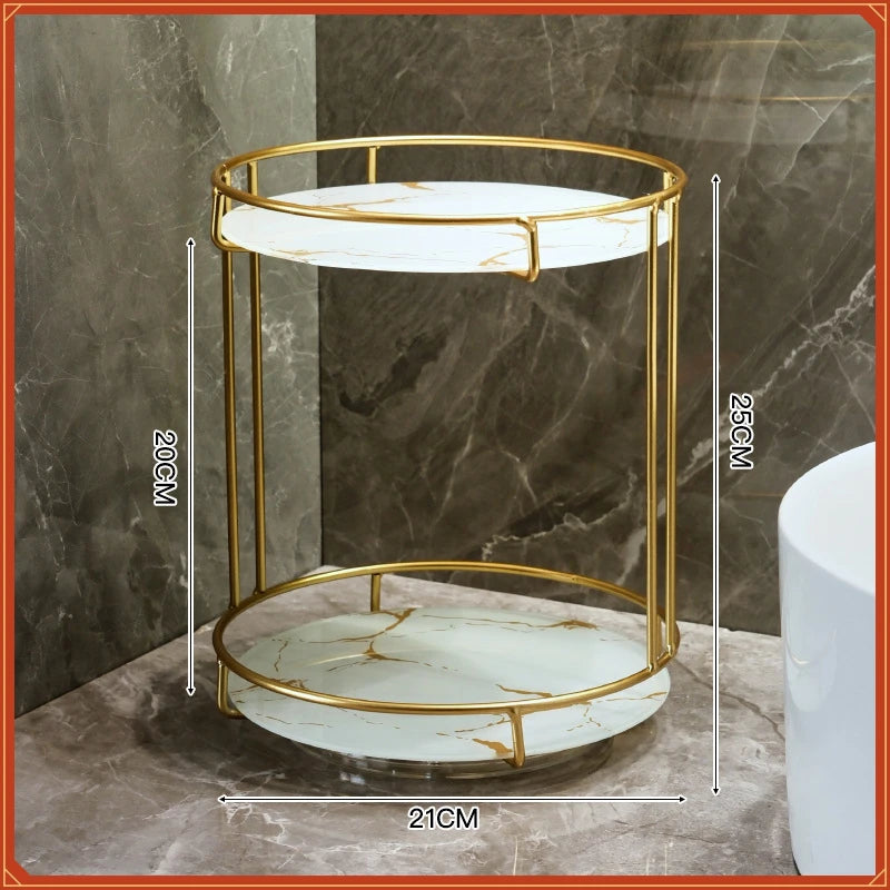 support rangement moderne or marbre cosmétiques flacons blancs roses élégant salle bain