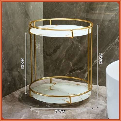 support rangement moderne or marbre cosmétiques flacons blancs roses élégant salle bain