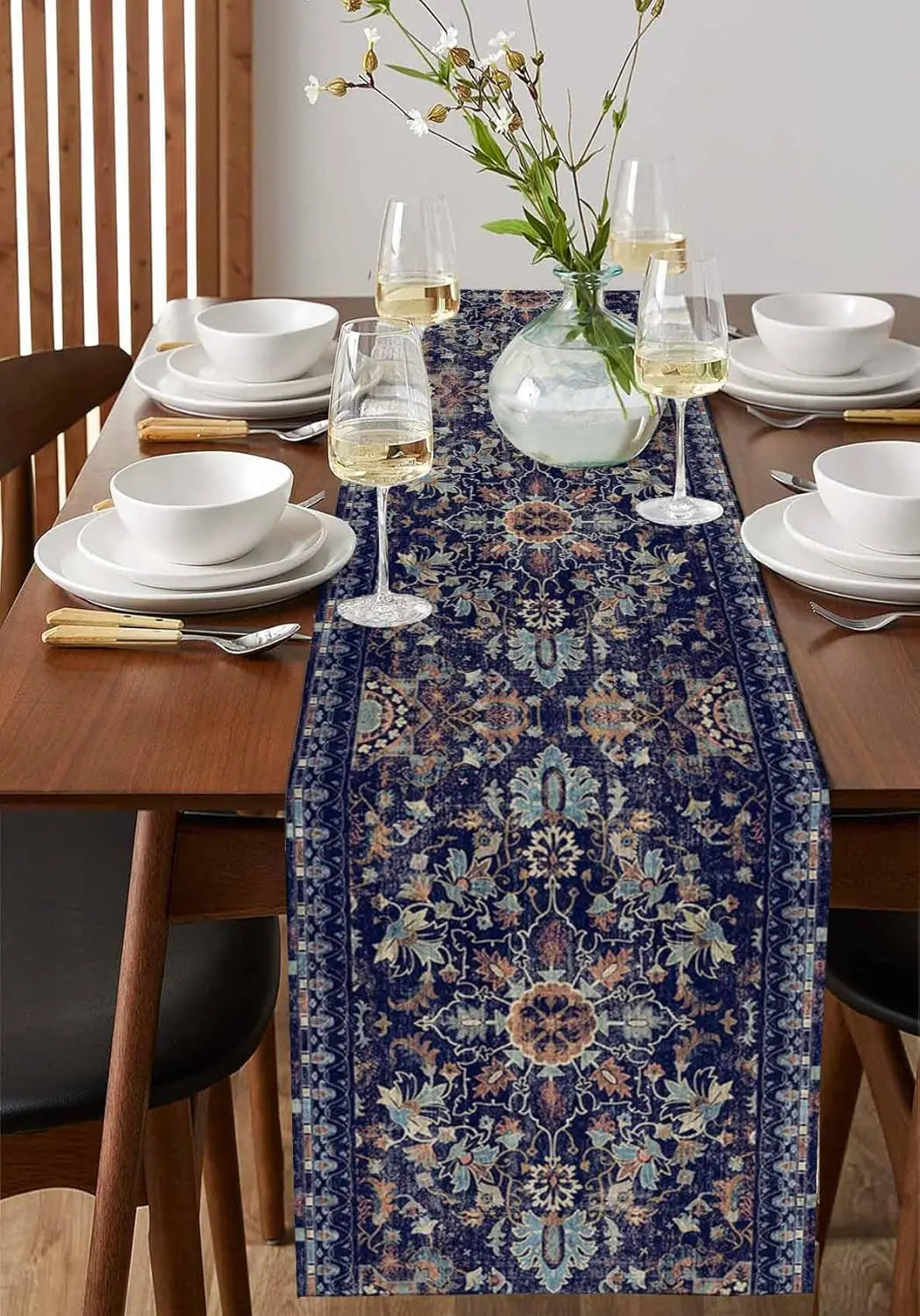 chambranle table lin floral bleu marine beige vert marron classique traditionnel
