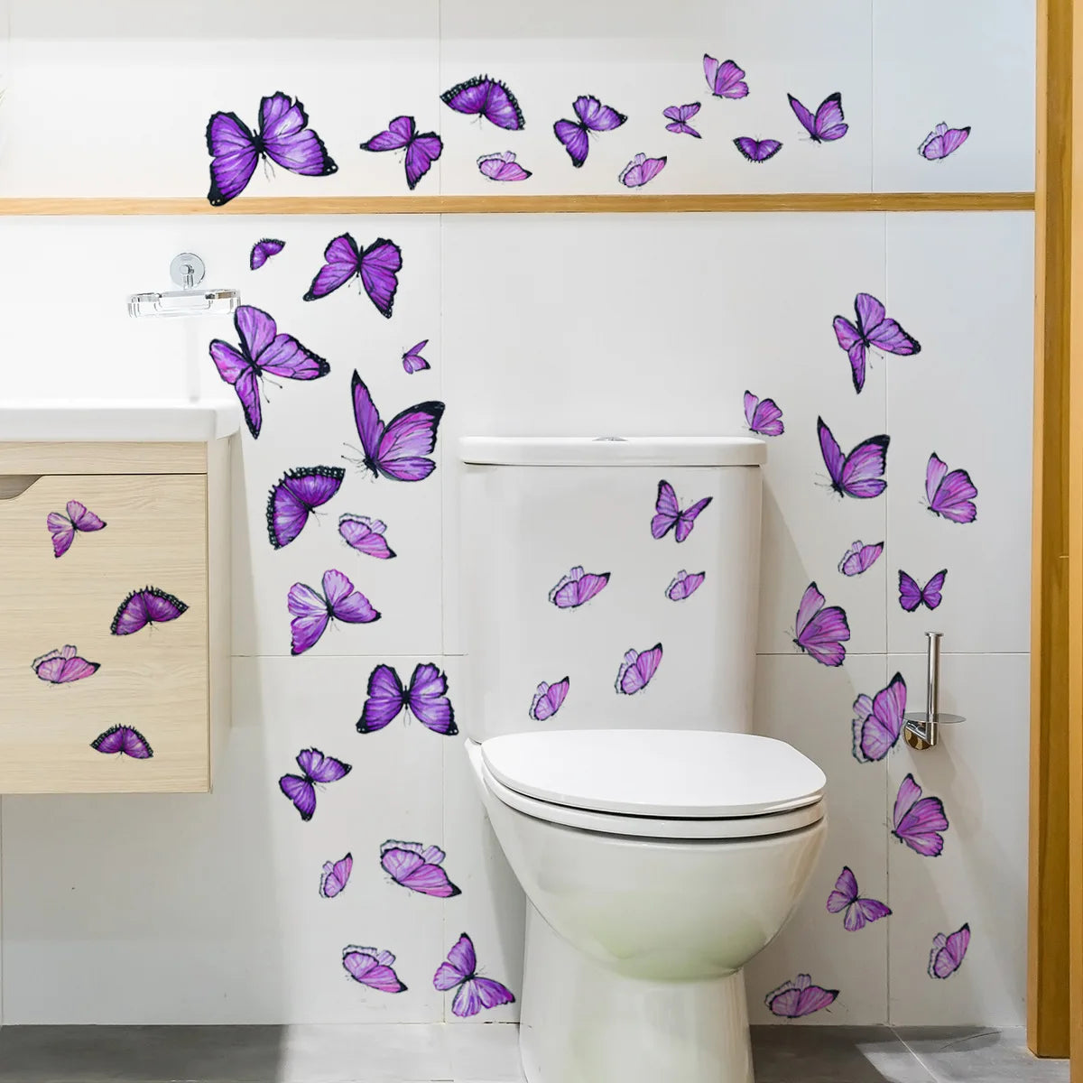 sticker mural decoratif papillon violet bleu effet aquarelle salle bain boheme adhesif nature