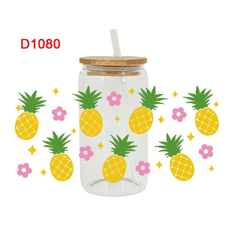 autocollants décoration diy fruits fleurs transparent tropical bouteille verre couvercle paille