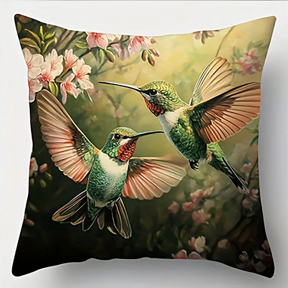 taies d'oreiller imprimées motifs fleurs colibris modernes polyester peachskin 40x40cm 45x45cm 50x50cm 60x60cm decoration