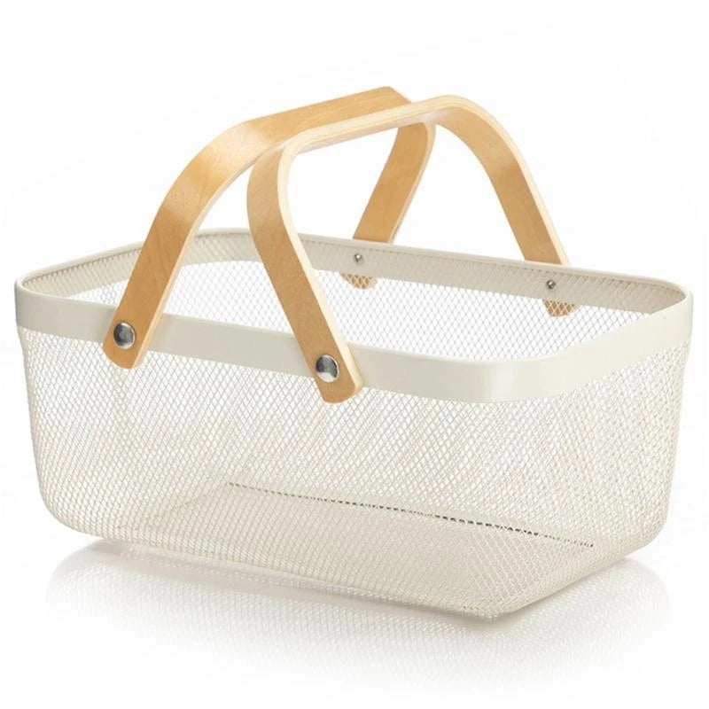 panier maille métal poignées bois blanc jaune noir moderne cuisine rangement fruits légumes