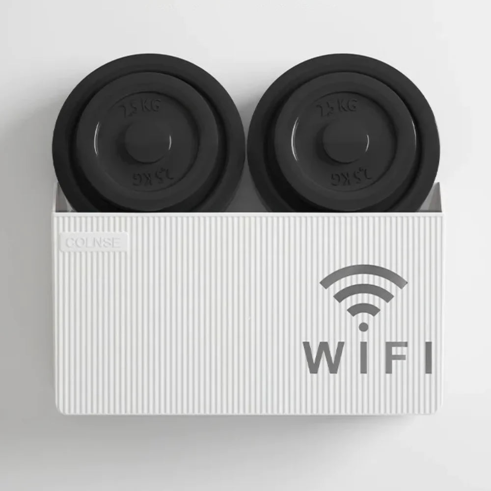 boîte rangement murale moderne blanc rayures verticales fixations oreilles salon router wifi