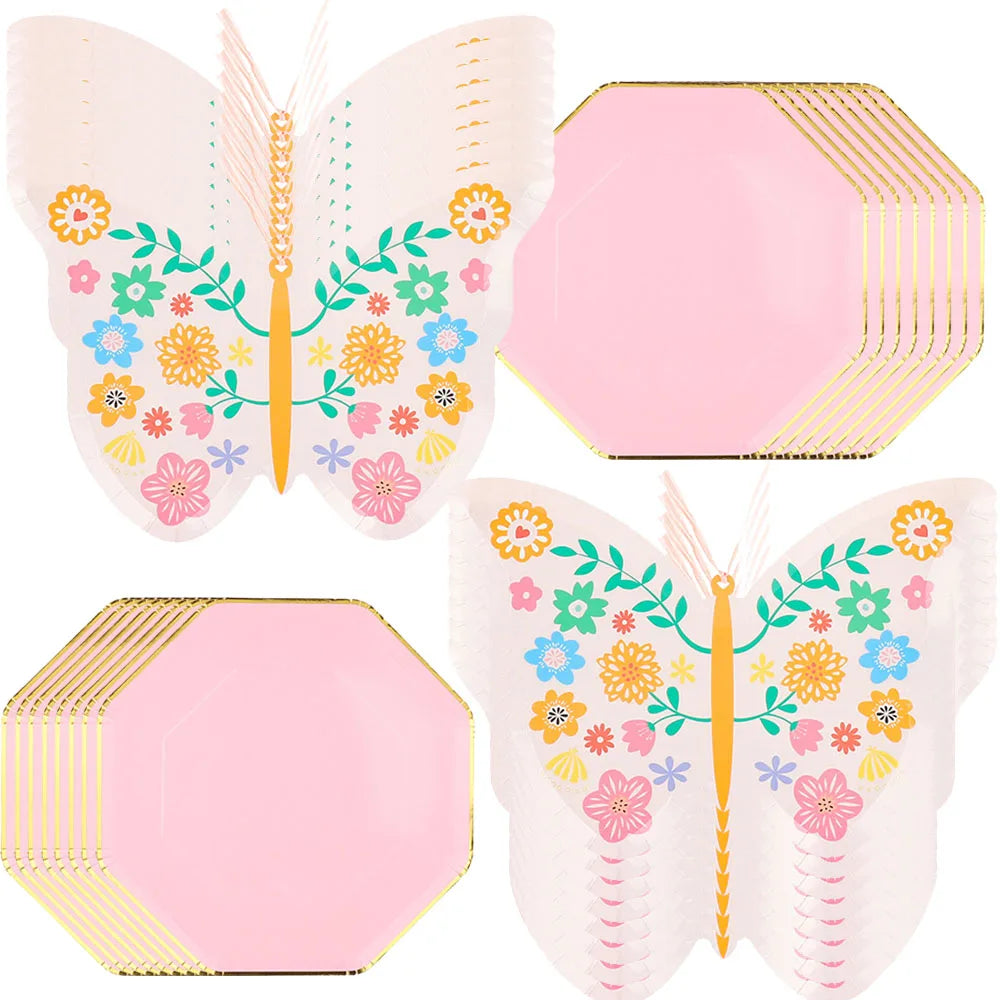 assiettes papier fleur papillon rose clair doré festives octogonales pouces papillons
