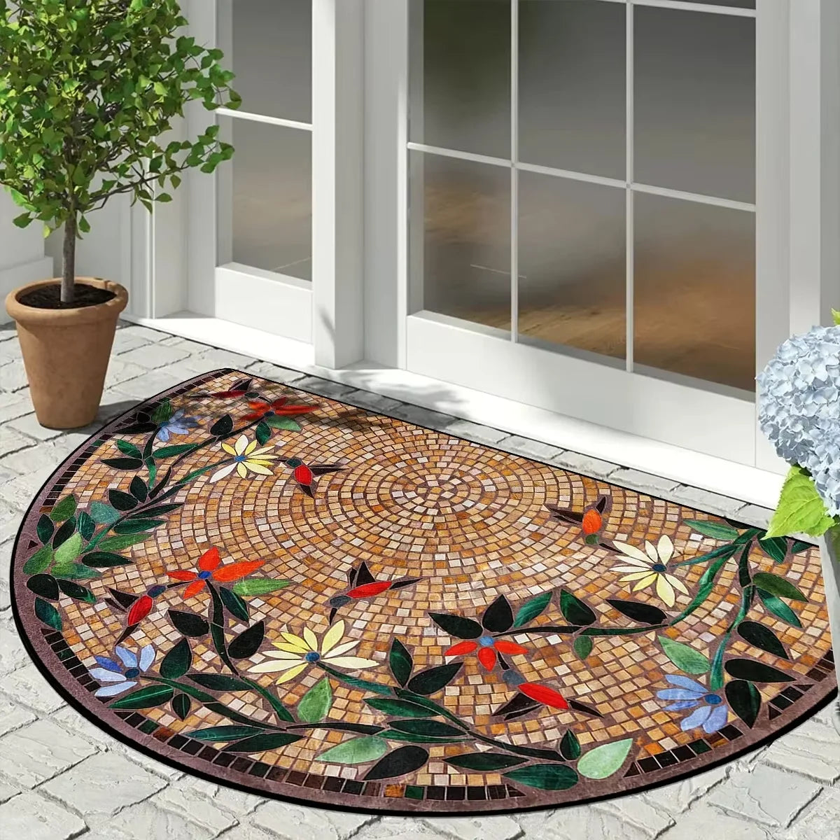 tapis d'entrée mosaïque multicolore motif fleurs feuilles décoratif moderne antidérapant intérieur extérieur salon porte