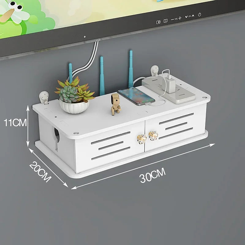 meuble rangement mural blanc bambou prises électriques étagères cable wifi