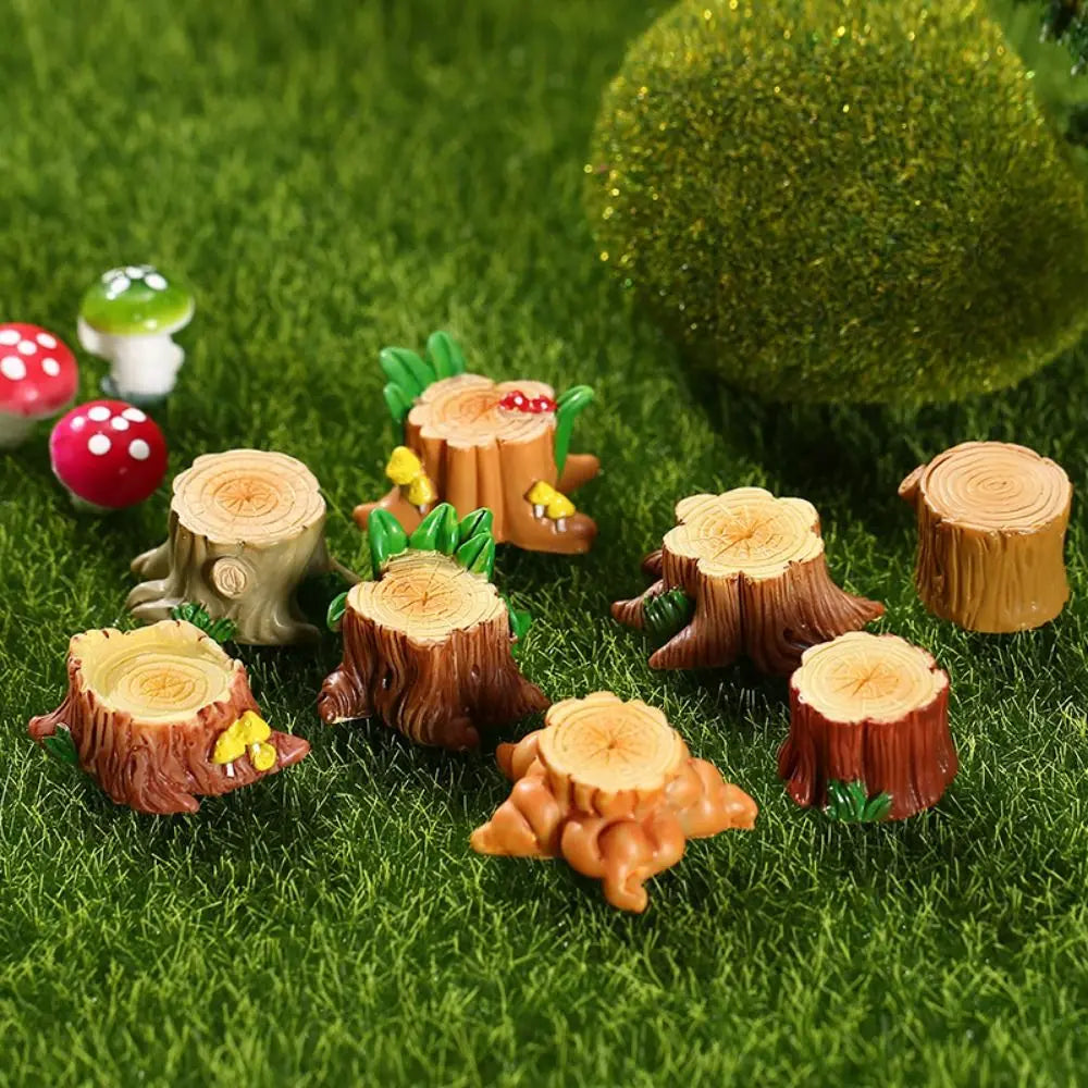 ornements résine tronc arbre miniature décoration paysagère cadeau artisanal pastoral champignons feuilles texture boisée