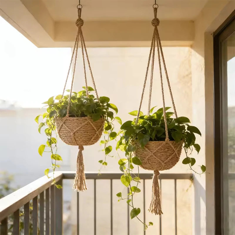 supports plante suspendue macramé boho tissé beige blanc pot fleurs chaines jardins