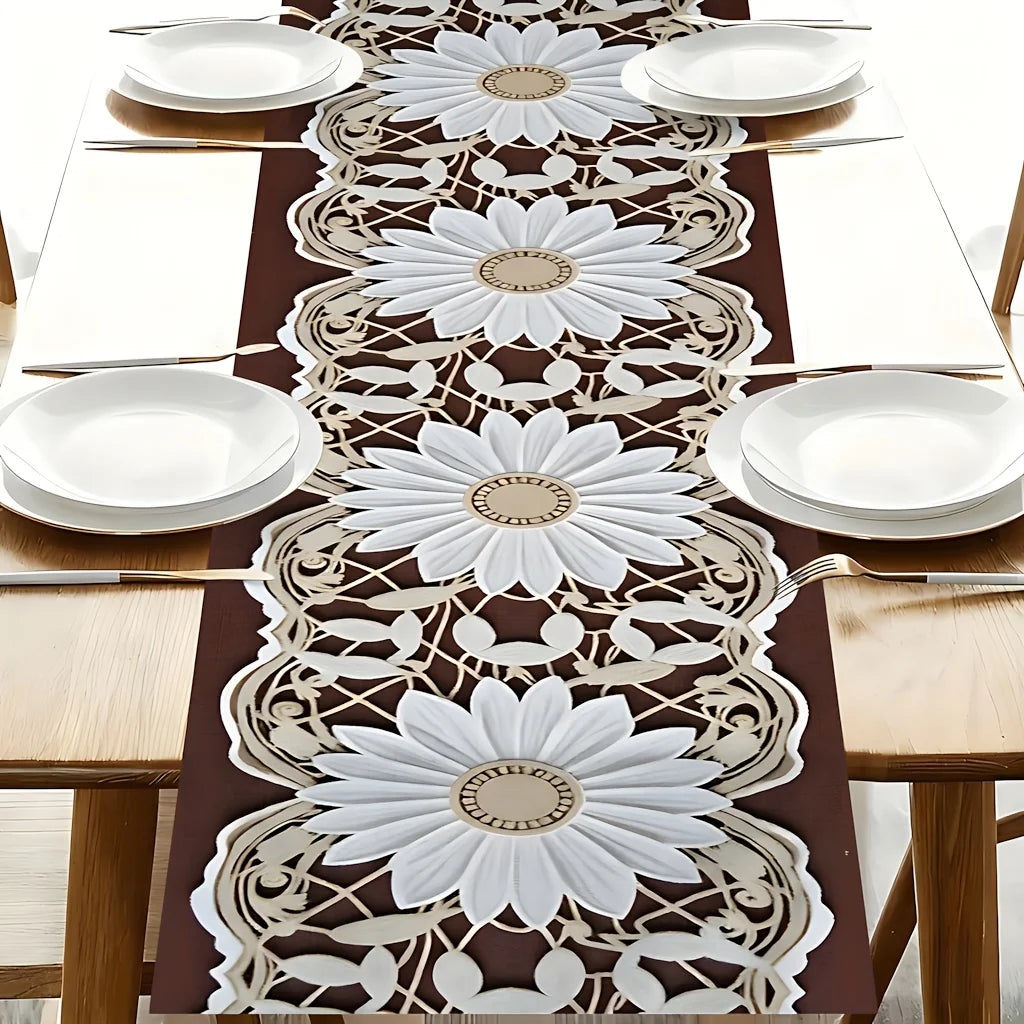 nappe décorative motif tournesols floral marron foncé beige blanc table mariage fête
