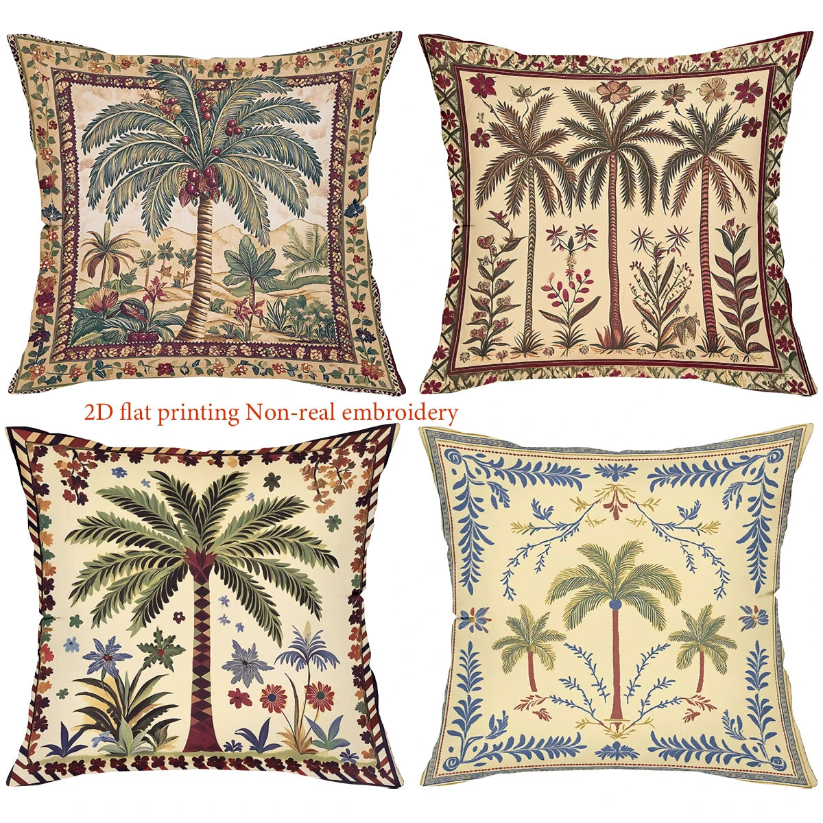 coussin carré imprimé palmiers couleurs vives tropical zippé 100% polyester dimensions 35x35cm 60x60cm