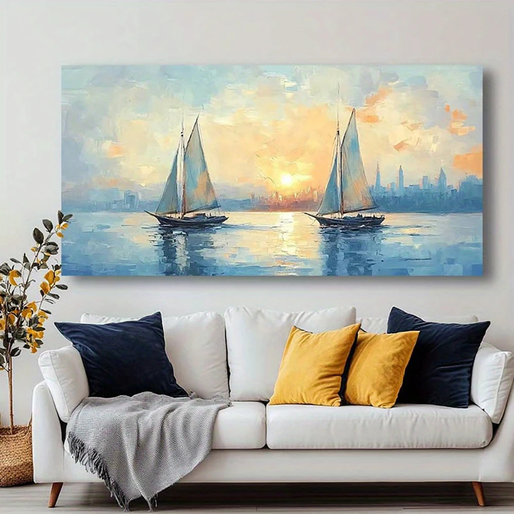 peinture l'huile paysage marin voiliers coucher soleil toile impressionniste moderne