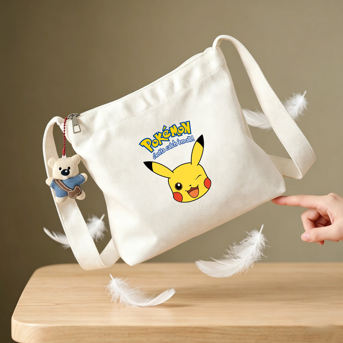 sac bandoulière toile blanc pikachu anime ours peluche grande capacité sac main