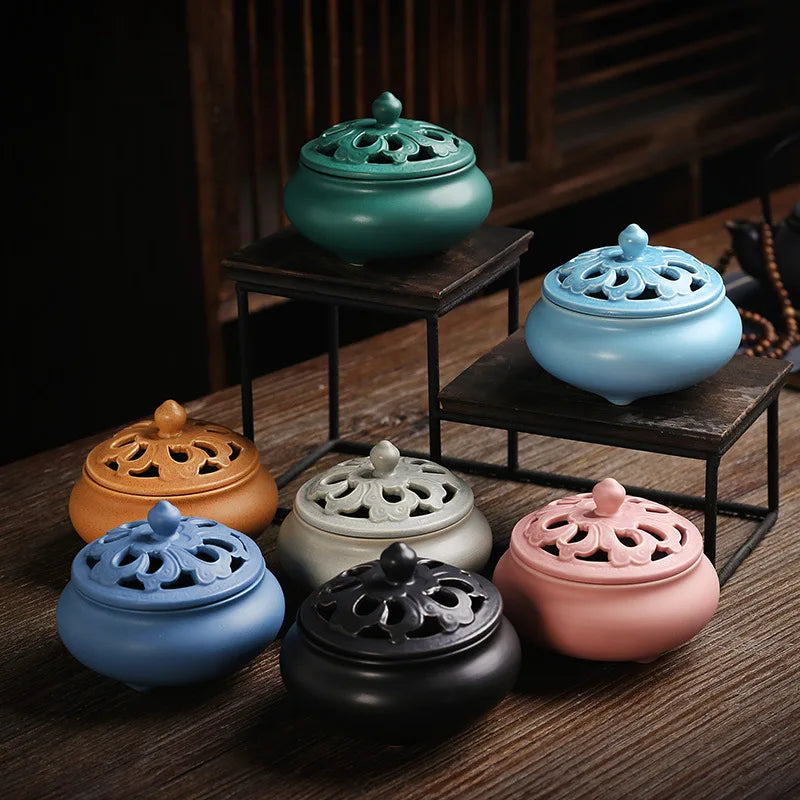 bougeoir céramique bleu rose noir artisanal motifs floraux salon apaisant calmant