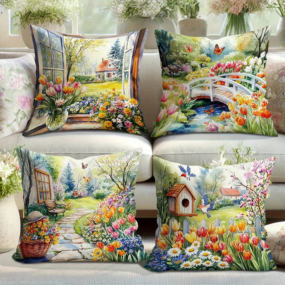 housse coussin multicolore paysage printanier tulipes pont maison arbre papillon fleurs 40x40cm 45x45cm 50x50cm