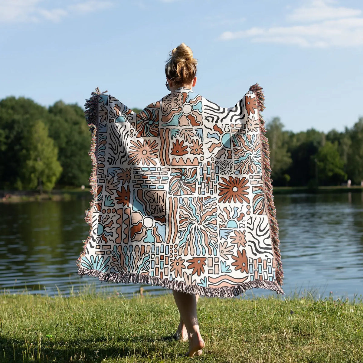 tapis boho chic couverture plaid portable géométrique floral aztèque printemps automne jaune marron bleuclair