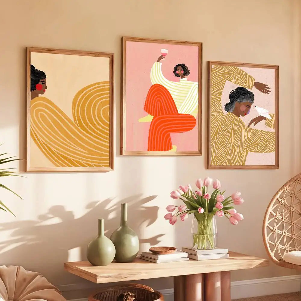 affiches modernes minimalistes abstraites couleurs chaudes lignes ondulées décoration murale salon papier cadre bois