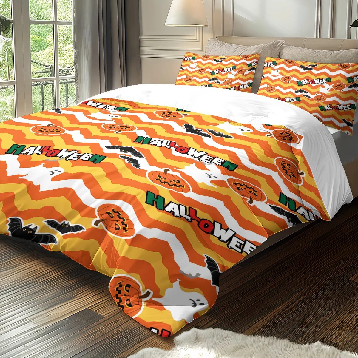 housse couette citrouille halloween rayures ondulées orange blanc noir double king queen