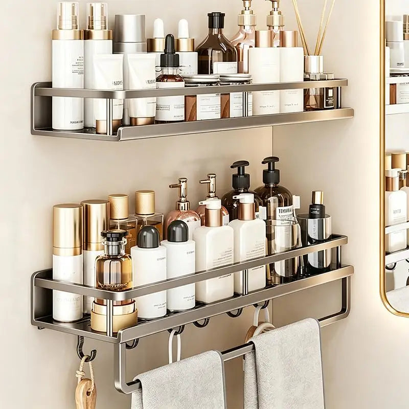 étagères salle bain acier gris modernes clips lisses 50cm 12cm largeur cosmétiques serviettes bouteilles
