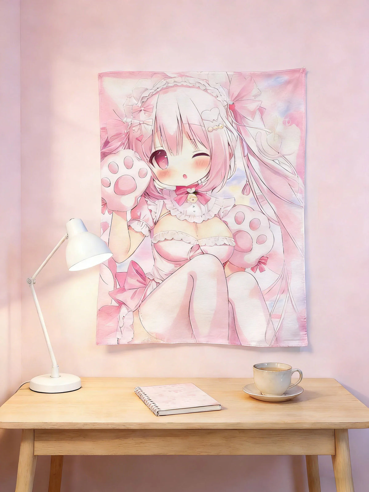 tapisserie anime fille rose polka dots motifs accessoires chambre ado decoration murale dessin animé
