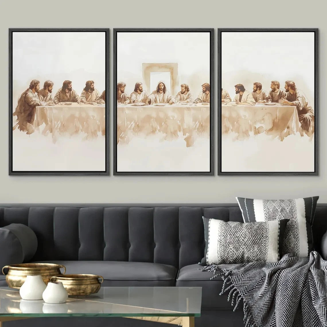 toile d'art minimaliste vintage cène décoration chambre salon beige grisclair