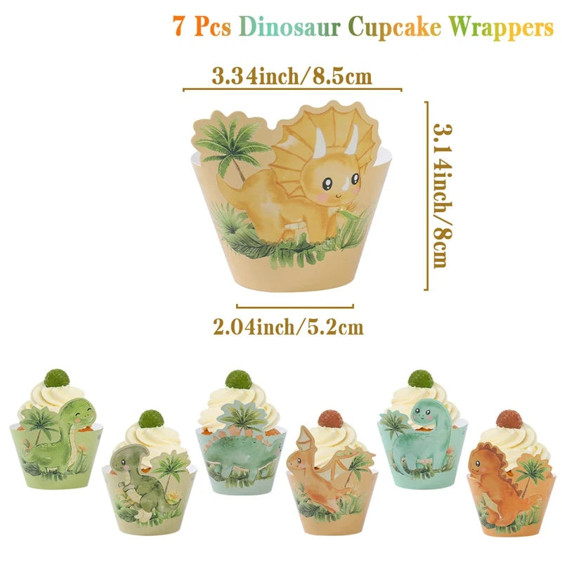 supports cupcakes dinosaures palmiers happy birthday assiettes gobelets sacs cadeaux vert orange blanc enfants