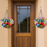 paniers suspendus fleurs artificielles jaunes violet bleu rouge blanc vert fibres naturelles patio jardinintérieur