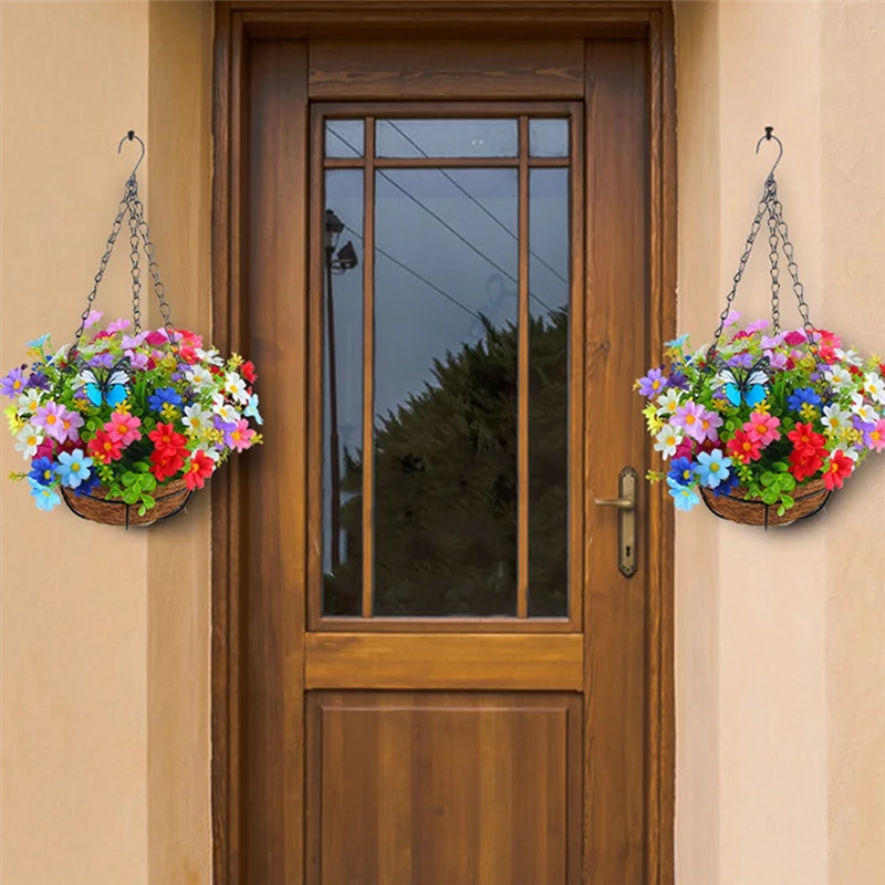 paniers suspendus fleurs artificielles jaunes violet bleu rouge blanc vert fibres naturelles patio jardinintérieur