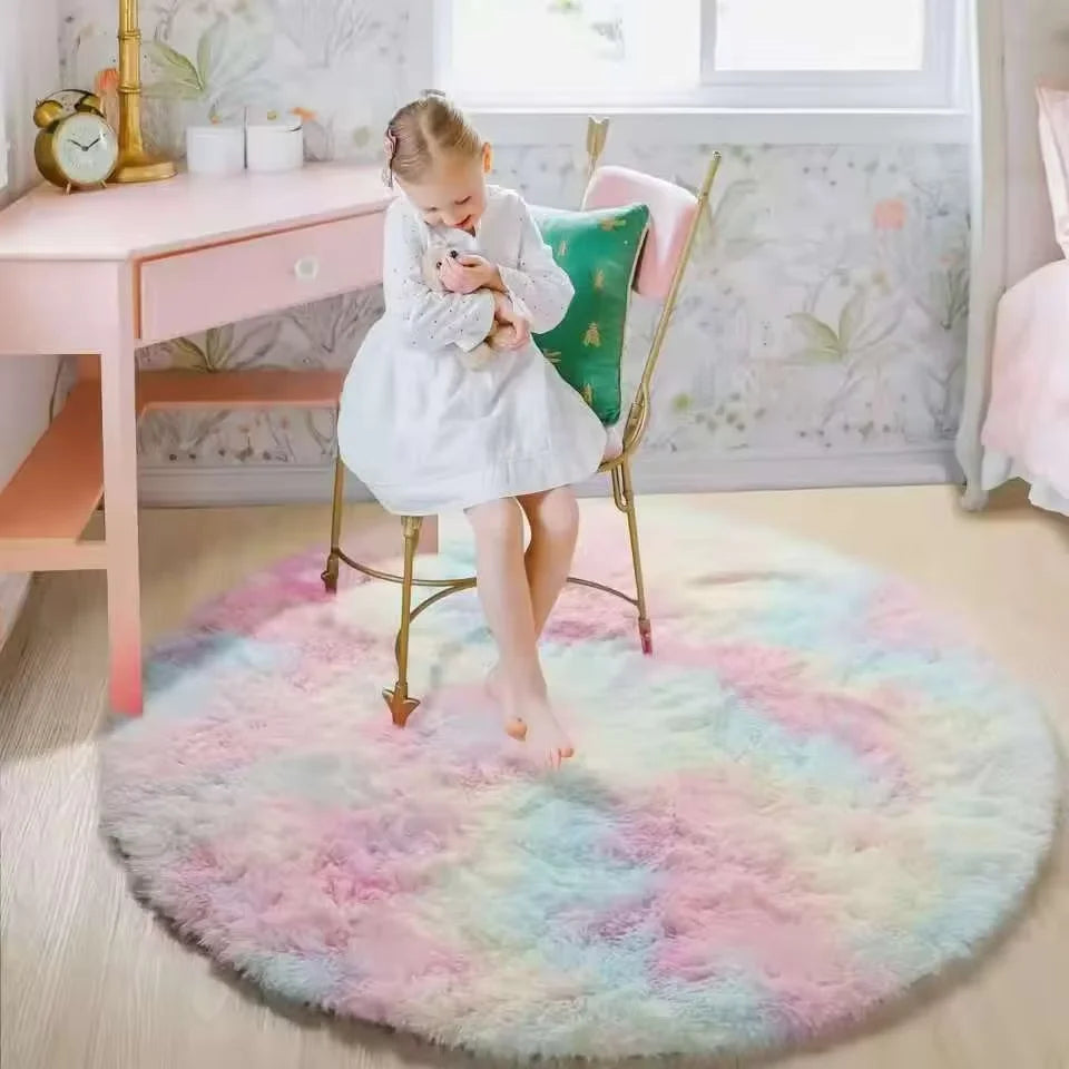 tapis rond peluche rose clair doux confortable moderne chambre salon maison intérieur décoratif