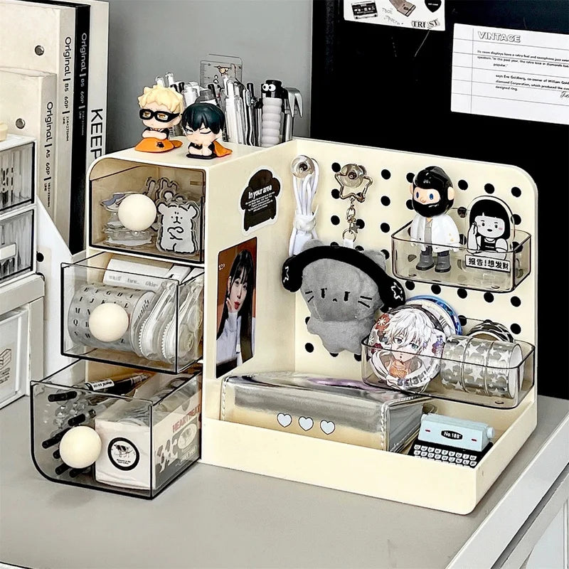 boîte rangement multifonction beige points noirs moderne imperméable plastique transparent figurine sac stylo marqueur