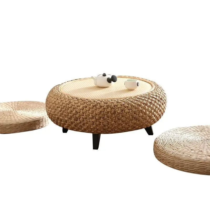 tabouret moderne rustique tissé beige clair foncé naturel pieds noirs salon assemblage facile