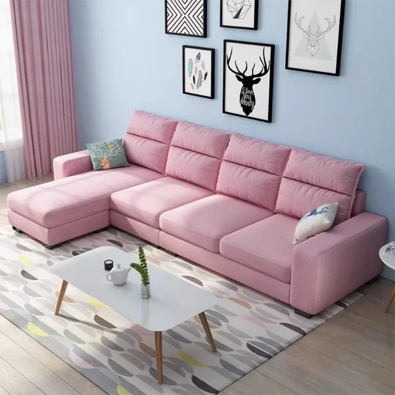 canapé d'angle moderne tissu uni vert pastel gris clair rose pâle jaune scandinave salon