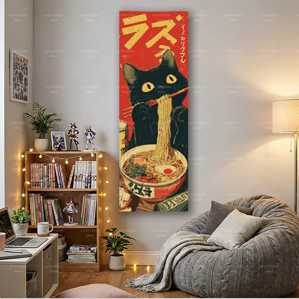 affiche murale vintage chat noir nouilles rouge jaune pop art 150cm 40cm