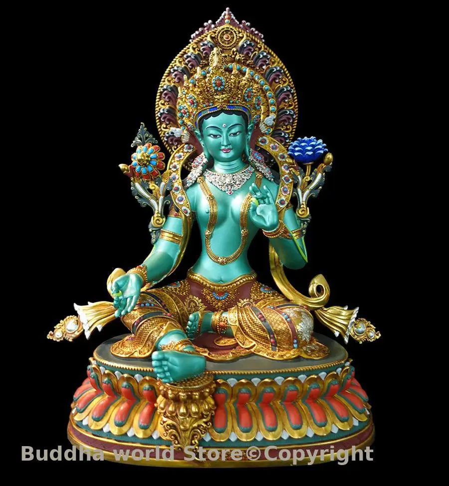 statue bouddhiste tara verte cuivre détails floraux motifs géométriques art tibétain doré