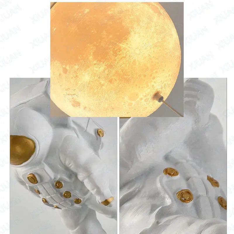 suspension lumineuse moderne astronautes lune blanc doré acrylique métal toucher interrupteur led 18cm 20cm