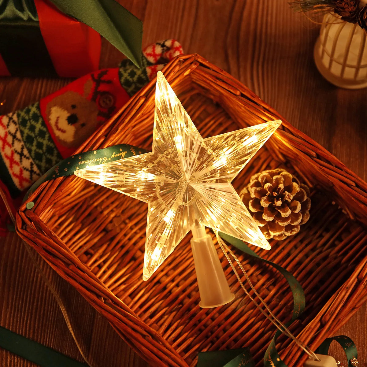 décoration noël étoile lumineuse transparente jaune doré moderne tringle câble électrique 15cm 19cm 23cm