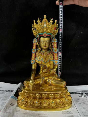 statue bouddhiste or turquoise rouge blanche motif complexe texture lisse traditionnel lotus assis grande