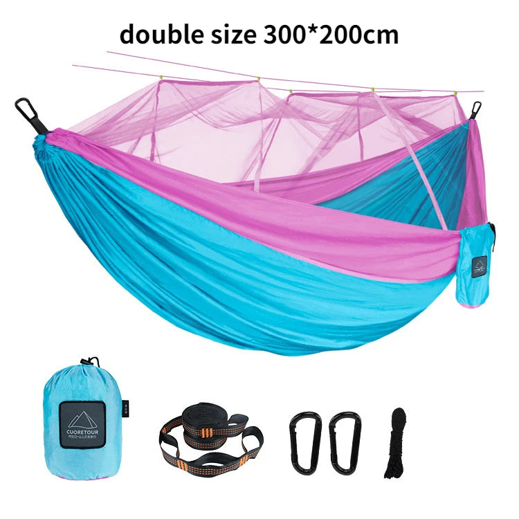 hamac nylon double taille vert olive bleu uni moderne moustiquaire sac rangement ceinture sécurité