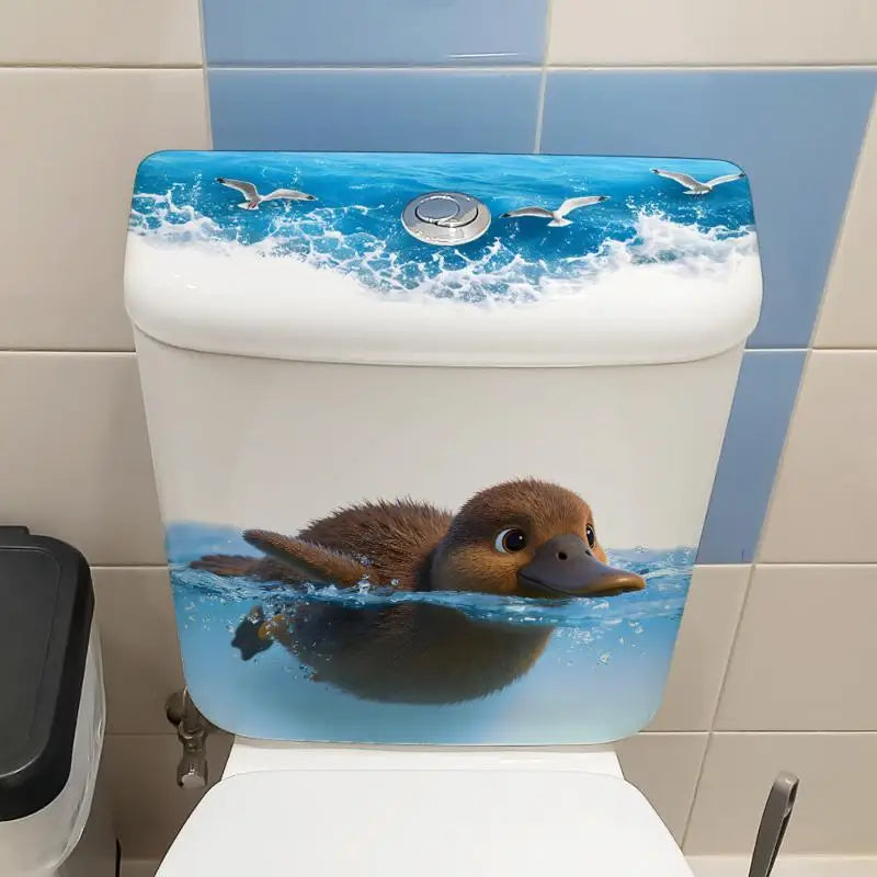cache siège toilette adhésif oiseaux canard poussins vague eau blanc bleu marron jaune gris